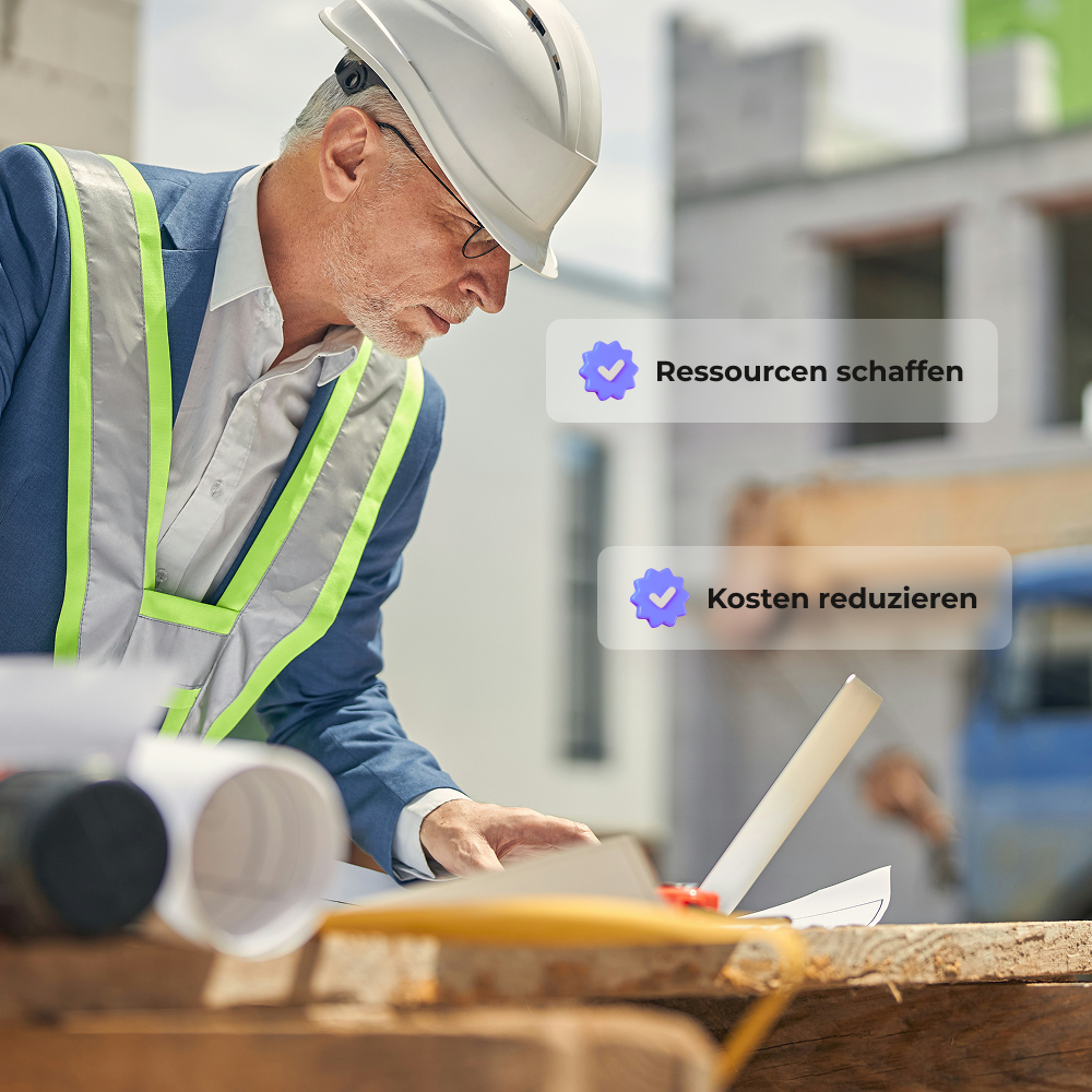 Bauarbeiter erkundigt sich über die Vorteile der Baulohnabrechnung über Brasser Accounting